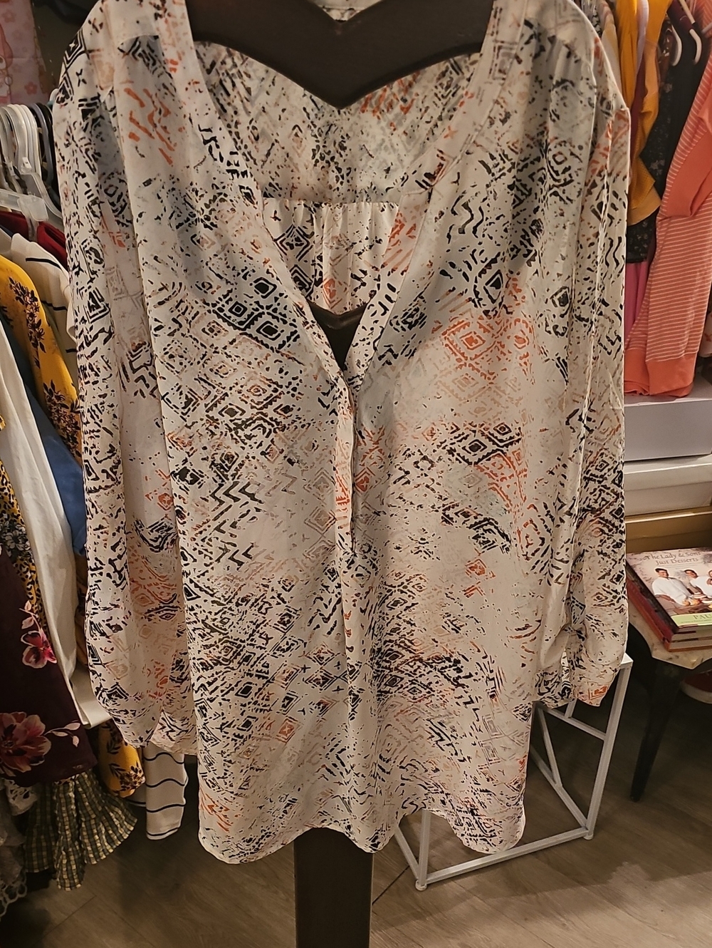 Abstract Print Long-Sleeve V-Neck Blouse in Cream, Navy & Orange
